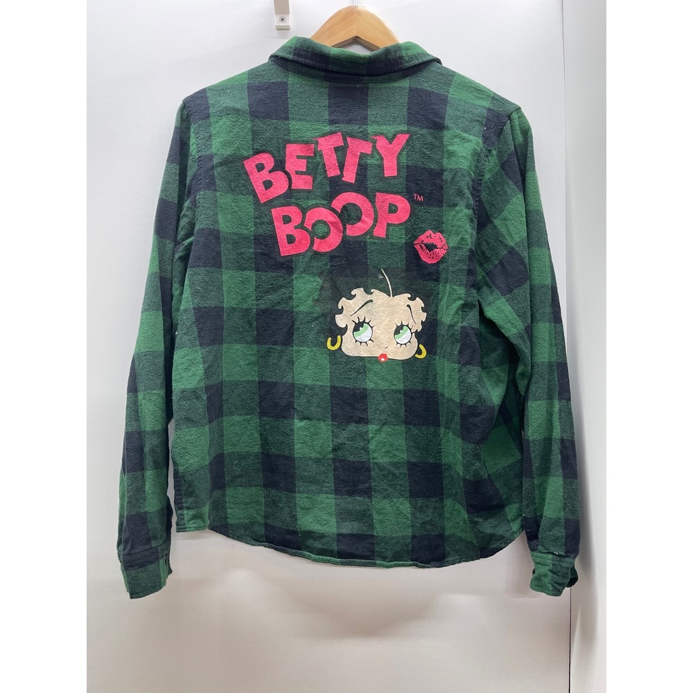 Betty Boop Green Black Buffalo Plaid Flannel Shirt Graphic Back Women‎ Medium